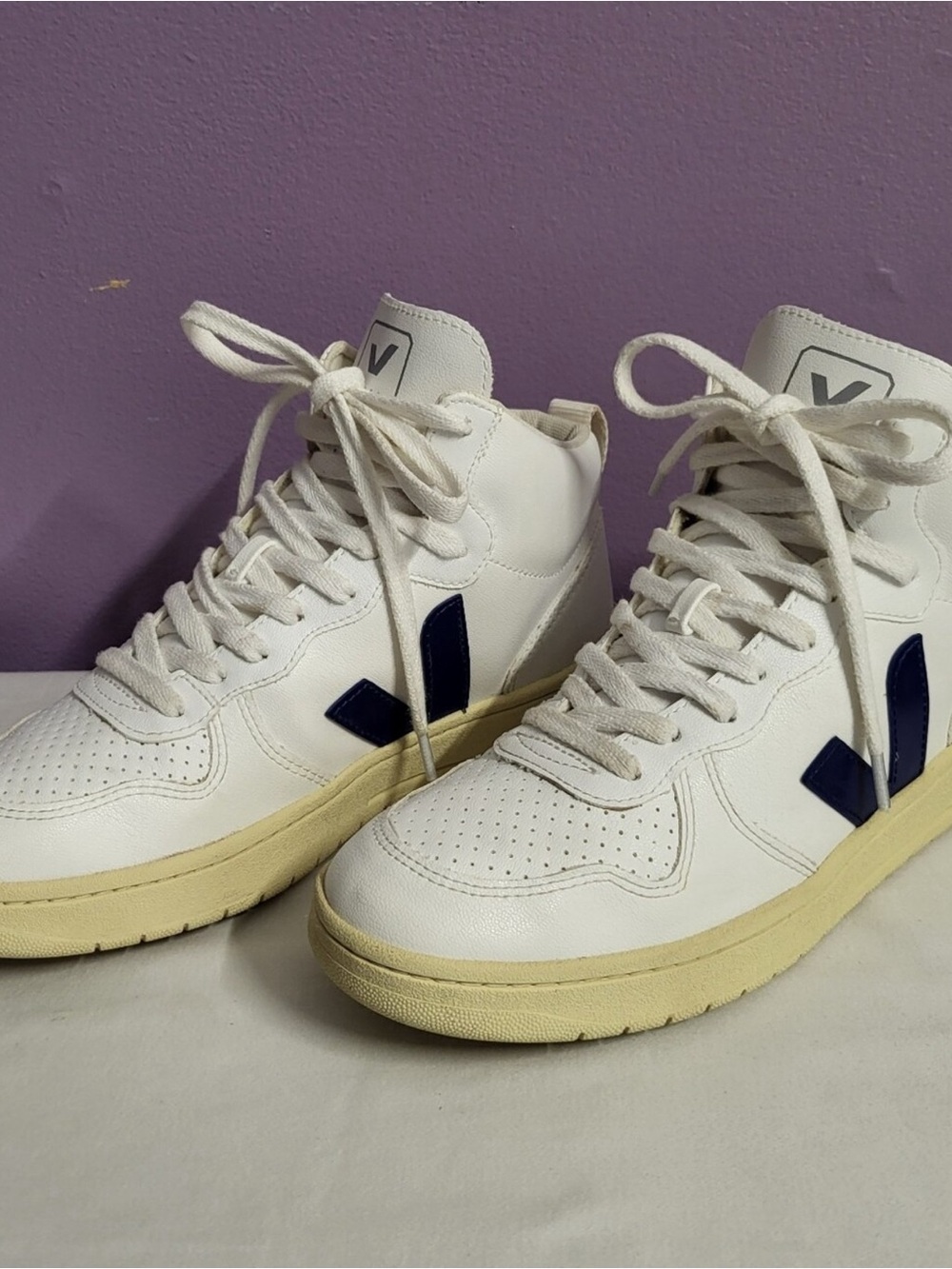 Veja White High-Top Sneakers with Navy V and Cream Sole
